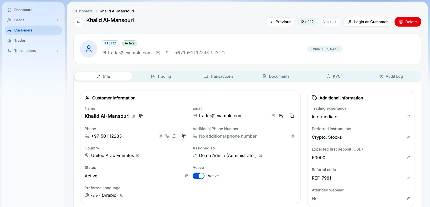 A QUANTIX Customer 360 record: customer details, assignee, preferred language and tabs for Trading, Transactions, Documents, KYC and Audit Log.