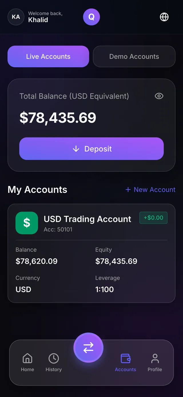 The mobile accounts screen with total balance, deposit button and trading account.