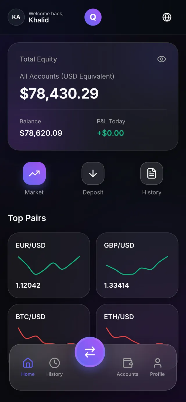 The mobile home screen with total equity, balance and top pairs.